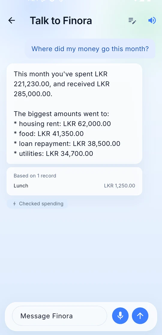 Asking Finora where the money went this month, and its answer: rent, food, loan repayment and utilities, with the records it counted.