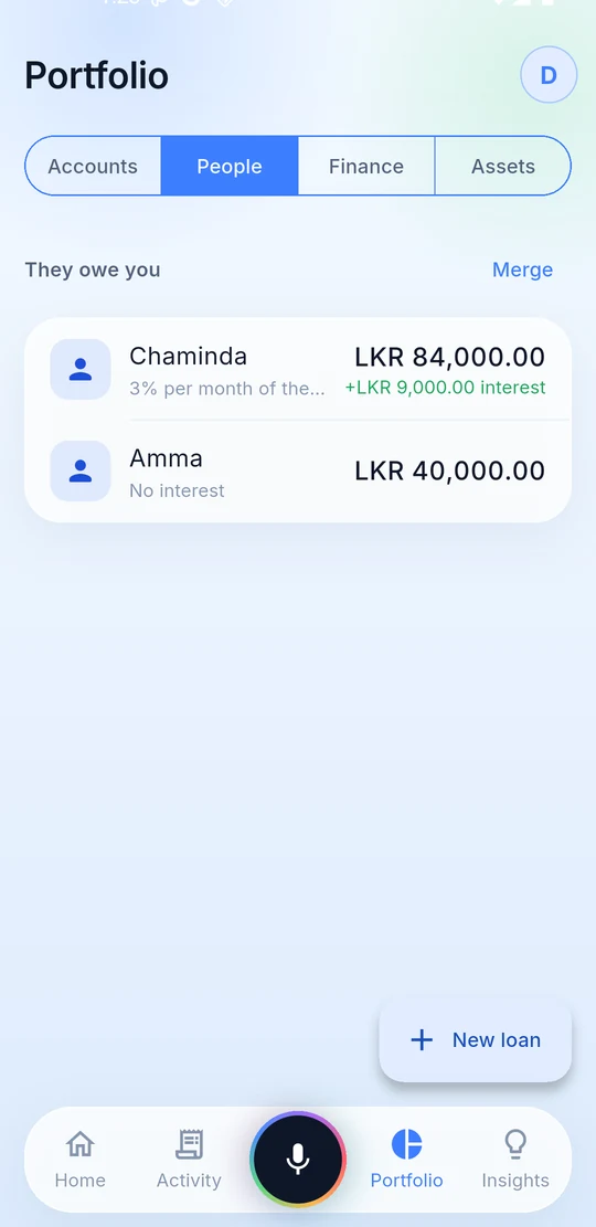 People screen: money lent to Chaminda at three percent a month showing nine thousand rupees of interest, and an interest-free loan to Amma.