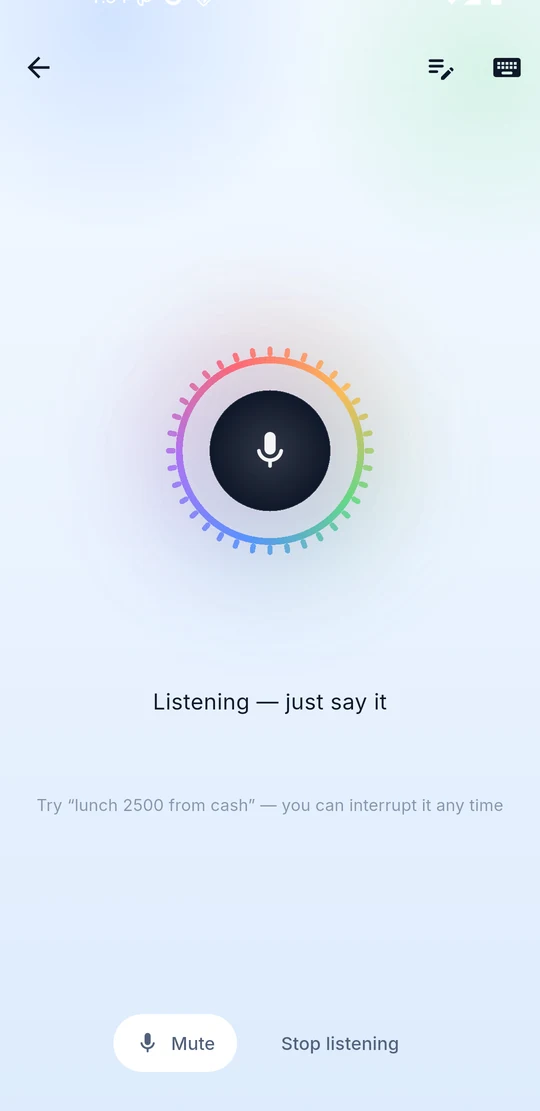 Finora listening: a softly lit orb ringed with a live waveform, captioned listening, just say it.