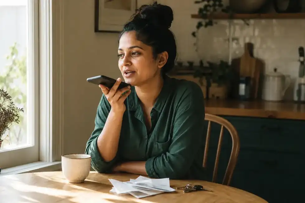 A woman at a sunlit kitchen table speaking to her phone, receipts beside her.