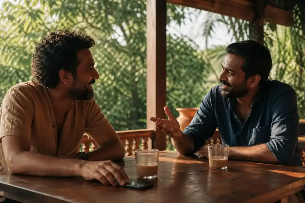 Two friends talking over tea on a verandah, a phone resting face-down between them.